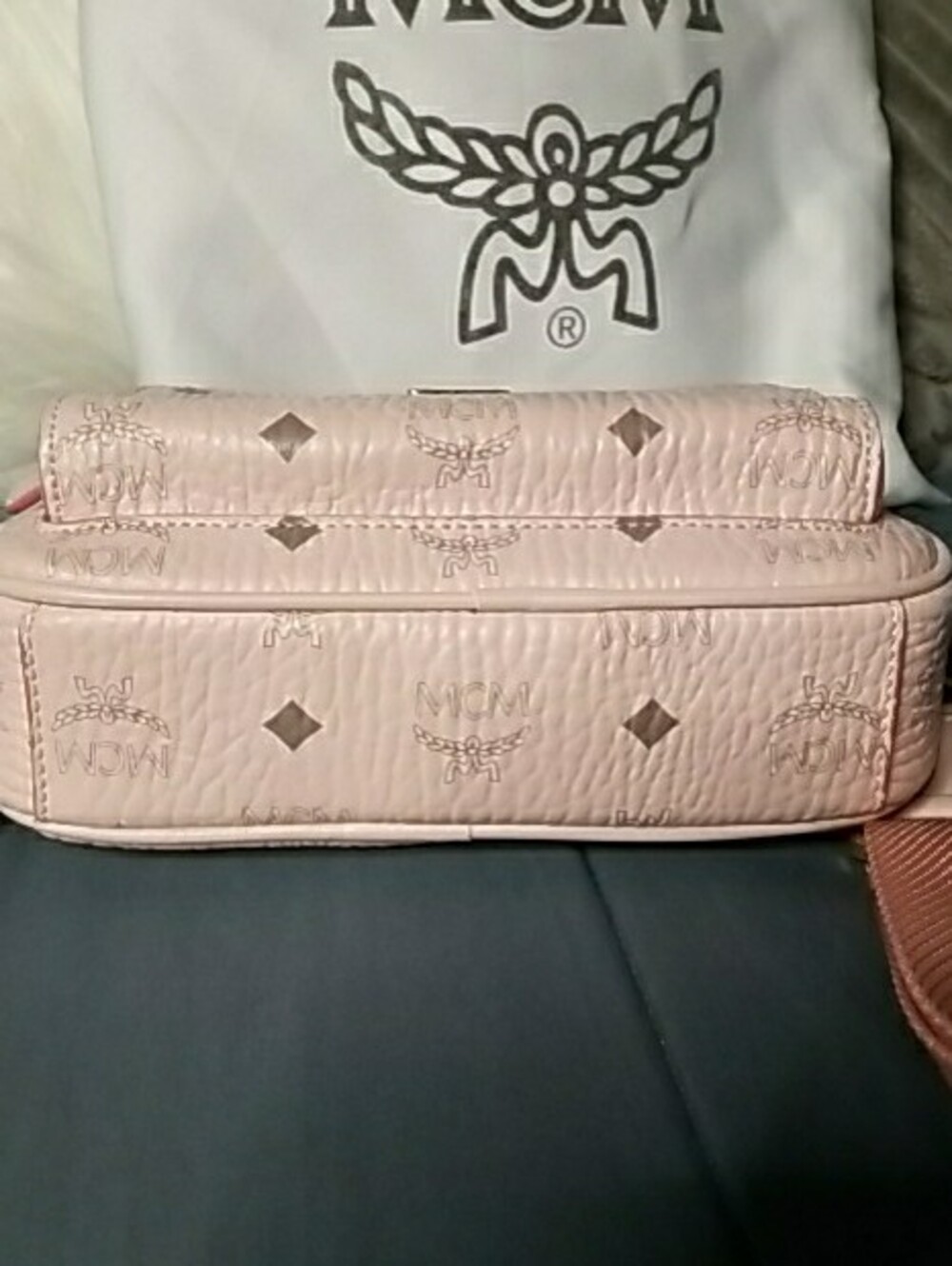 MCM Pale Pink Logo Crossbody Camera Bag with Gold Plaque - Picture 10 of 13
